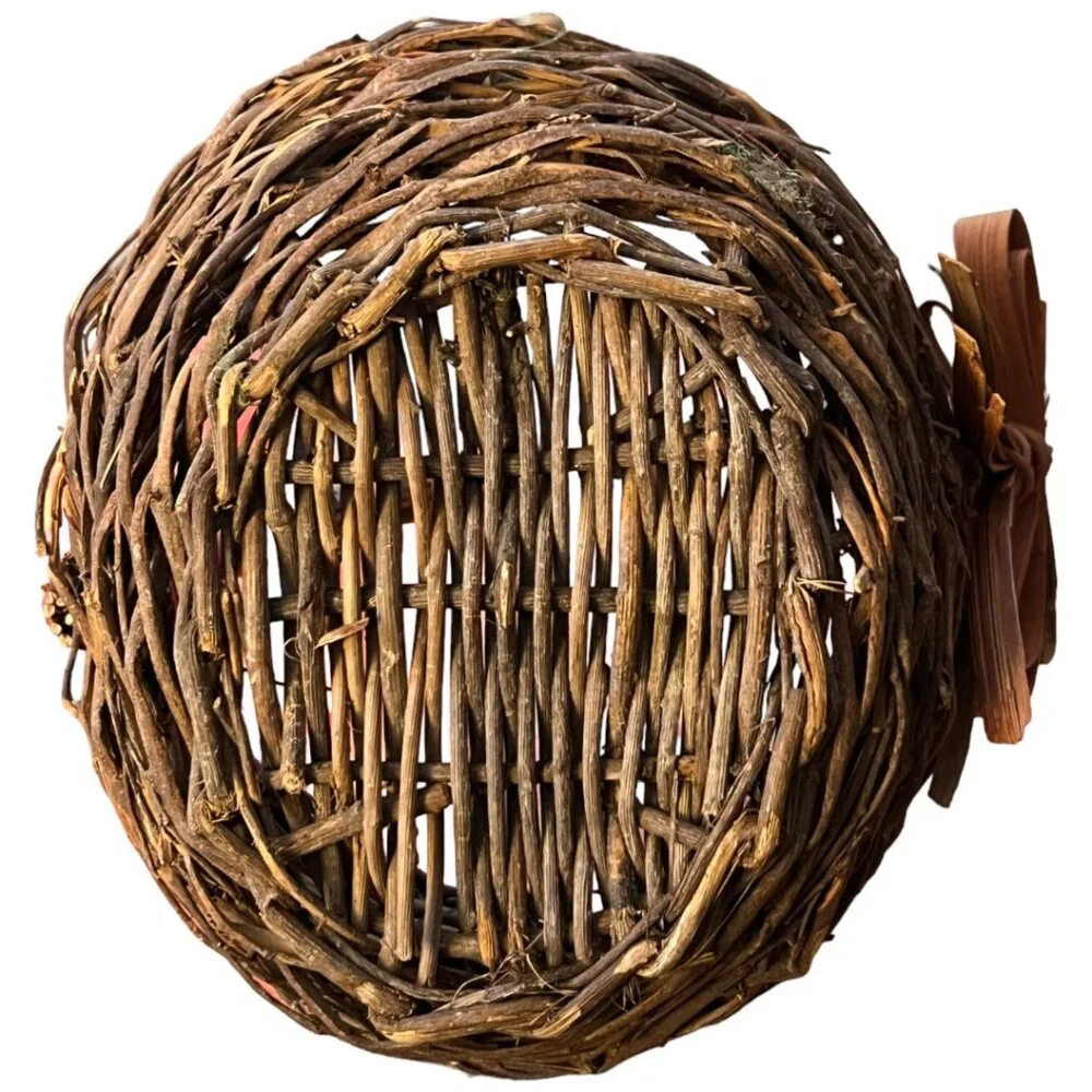Vtg Shabby Chic Rustic Brown Oval Basket Sticks Twigs Fiber Bow & 